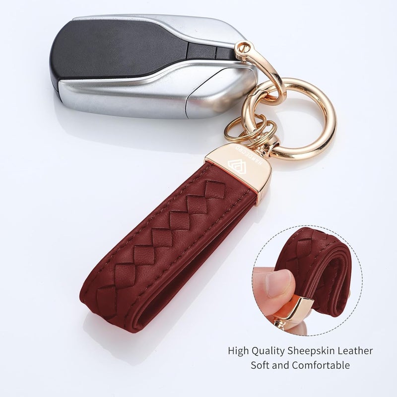 Hamdecro Store Genuine Leather Car Keychain, Handmade Knit Sheepskin Key chains for Women, Universal Key Fob Holder with 360 Degree Rotatable, Anti-Lost D-Ring, 2 Keyrings and 1 Screwdriver – Wine Red - Image 2